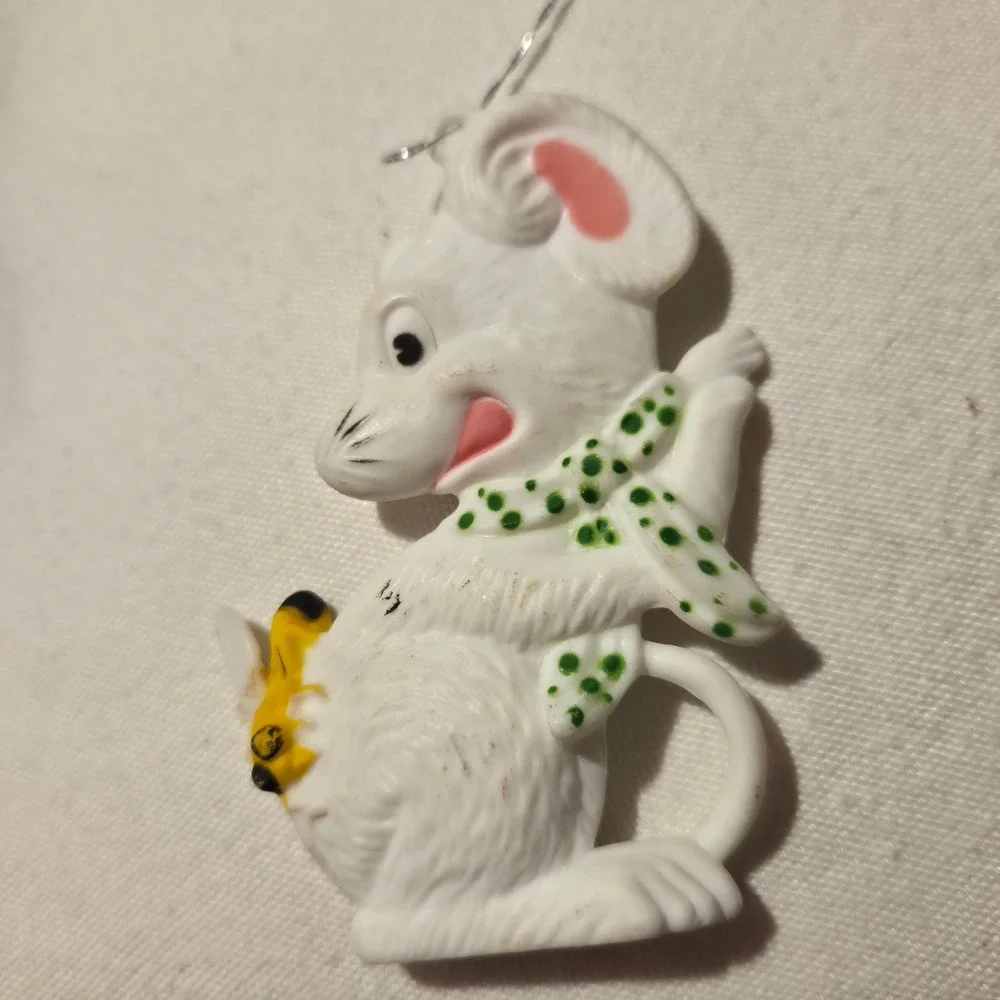 Vintage Christmas Mouse Ornaments Set of 3 Plastic White Mice Hong‎ Kong Retro